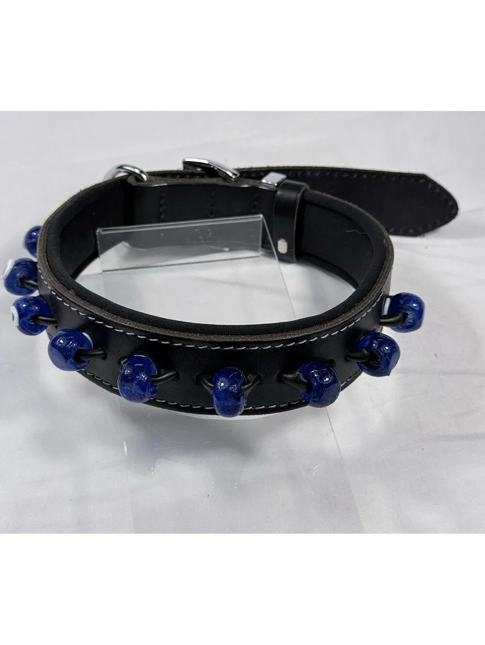 Leather Dog Collar Top Quality Padded Neck W/ Blue White Round Beaded Look